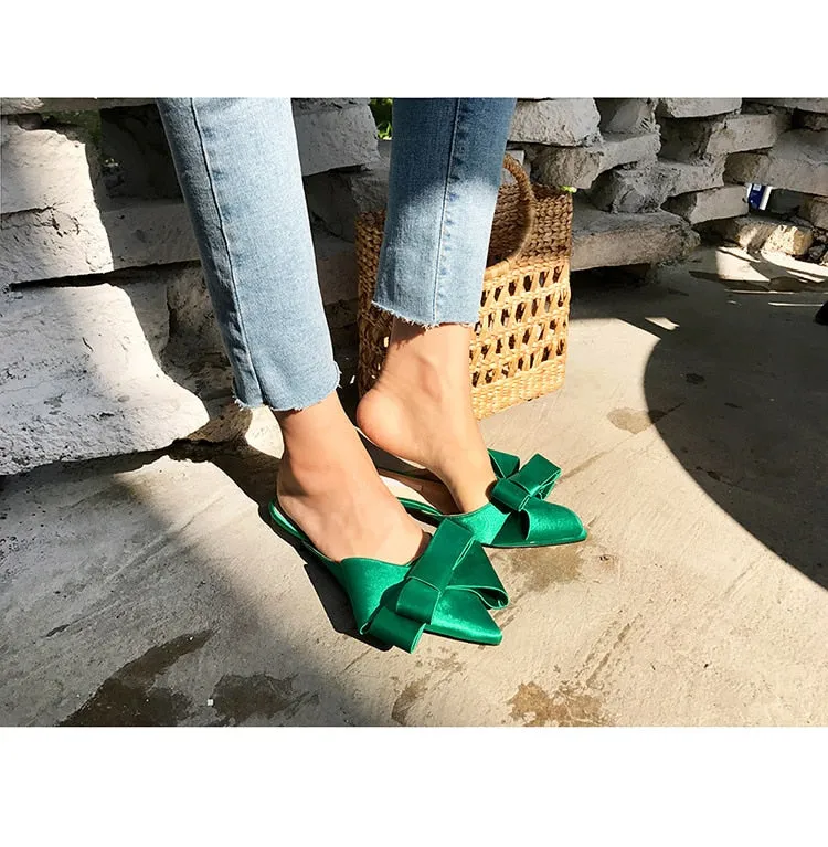 Korean silk satin Pointed bow tie slippers