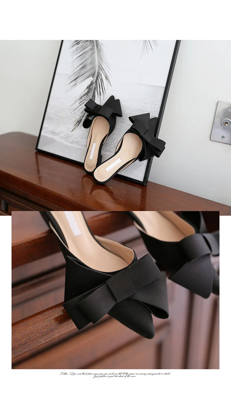 Korean silk satin Pointed bow tie slippers