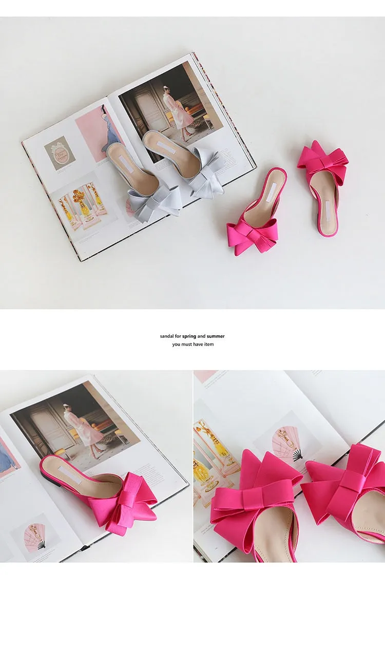 Korean silk satin Pointed bow tie slippers