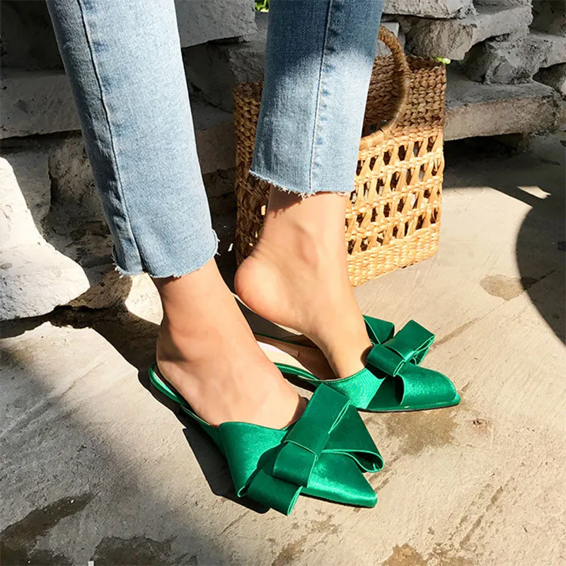 Korean silk satin Pointed bow tie slippers