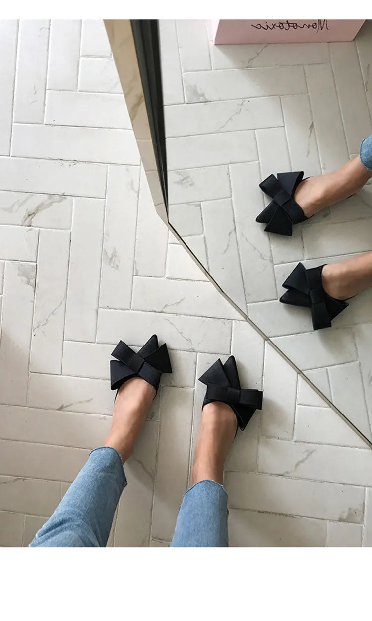 Korean silk satin Pointed bow tie slippers
