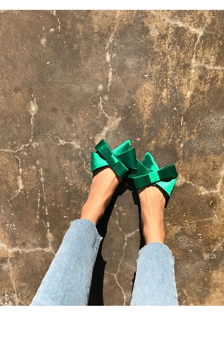 Korean silk satin Pointed bow tie slippers