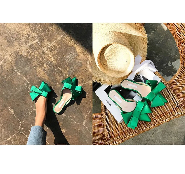Korean silk satin Pointed bow tie slippers