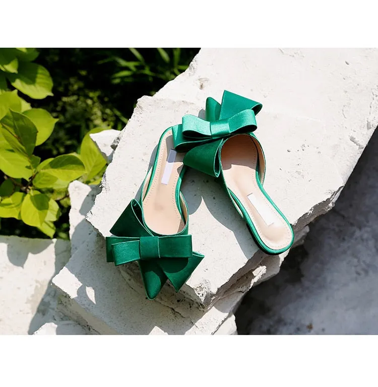 Korean silk satin Pointed bow tie slippers