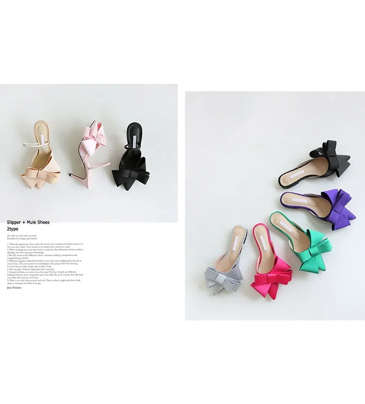Korean silk satin Pointed bow tie slippers