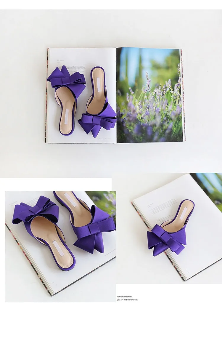 Korean silk satin Pointed bow tie slippers