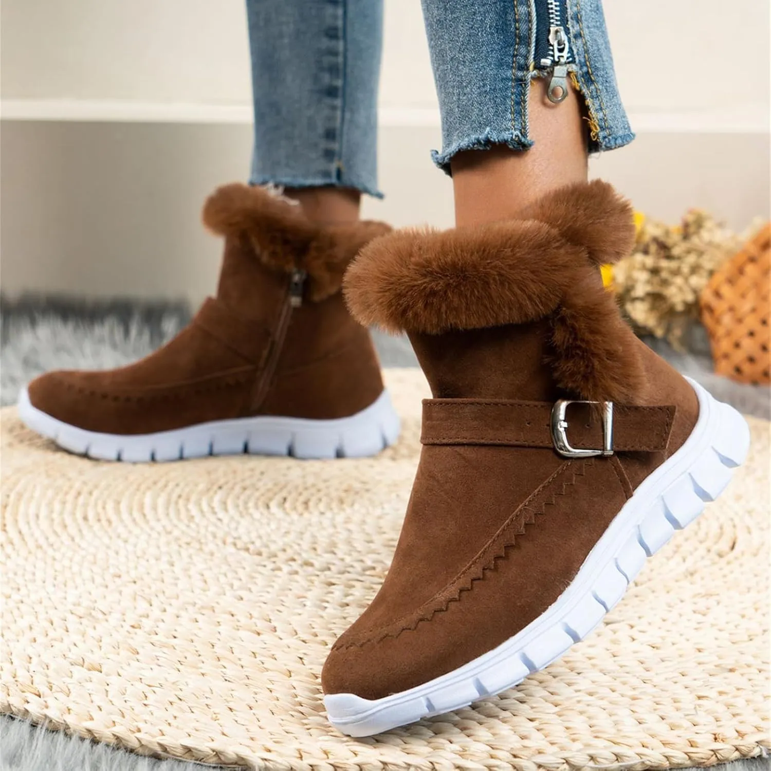 Ladmiple Booties For Women 2024 Snow Boots Winter Warm Fur Lined Anti-Slip Ankle Booties Outdoor Slip On Warm Loafers Shoes