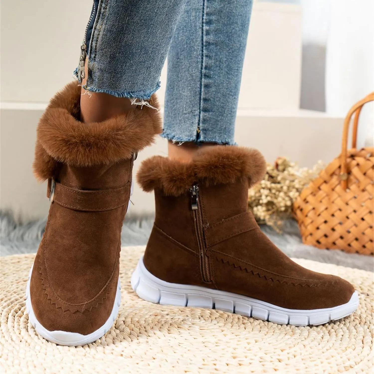 Ladmiple Booties For Women 2024 Snow Boots Winter Warm Fur Lined Anti-Slip Ankle Booties Outdoor Slip On Warm Loafers Shoes