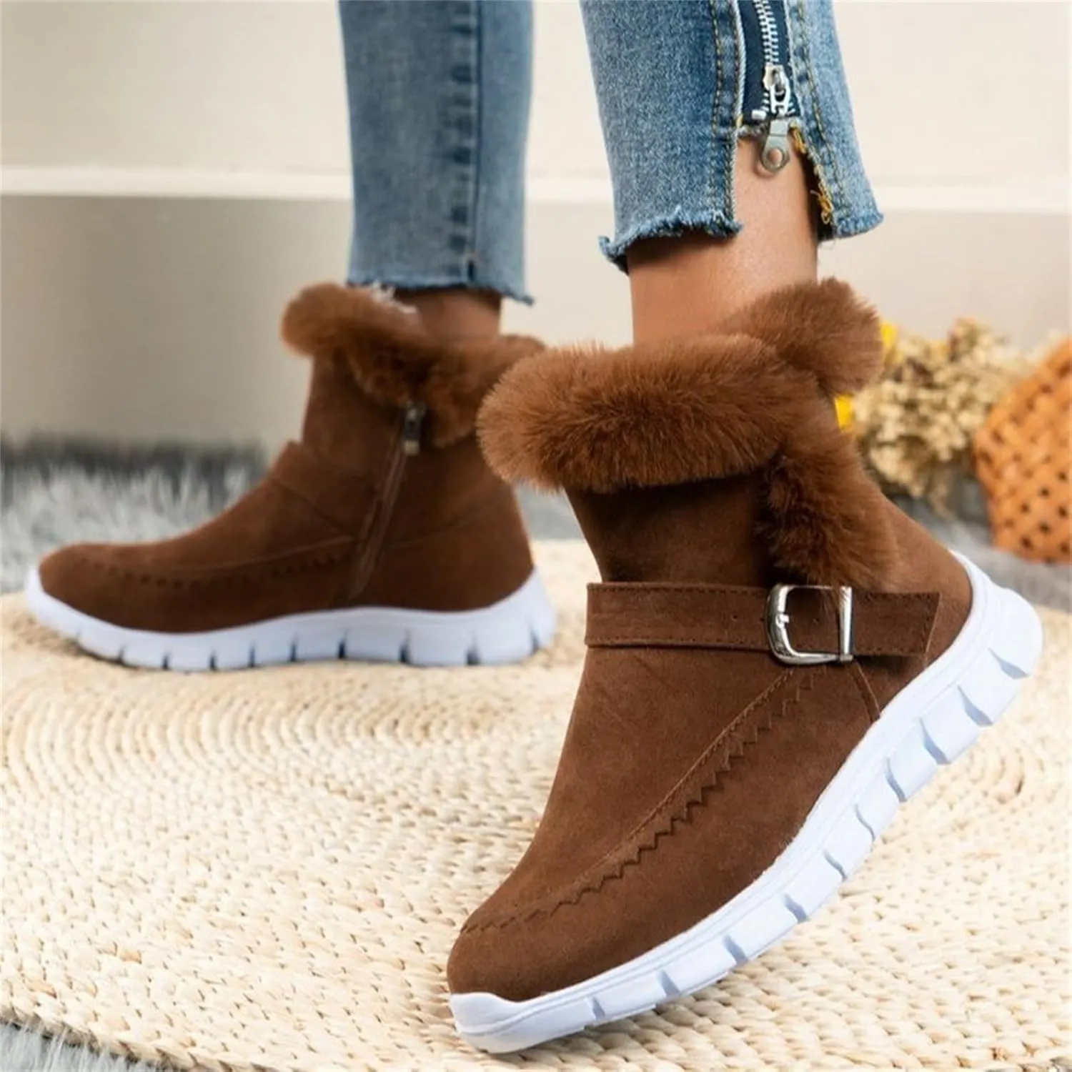 Ladmiple Booties For Women 2024 Snow Boots Winter Warm Fur Lined Anti-Slip Ankle Booties Outdoor Slip On Warm Loafers Shoes
