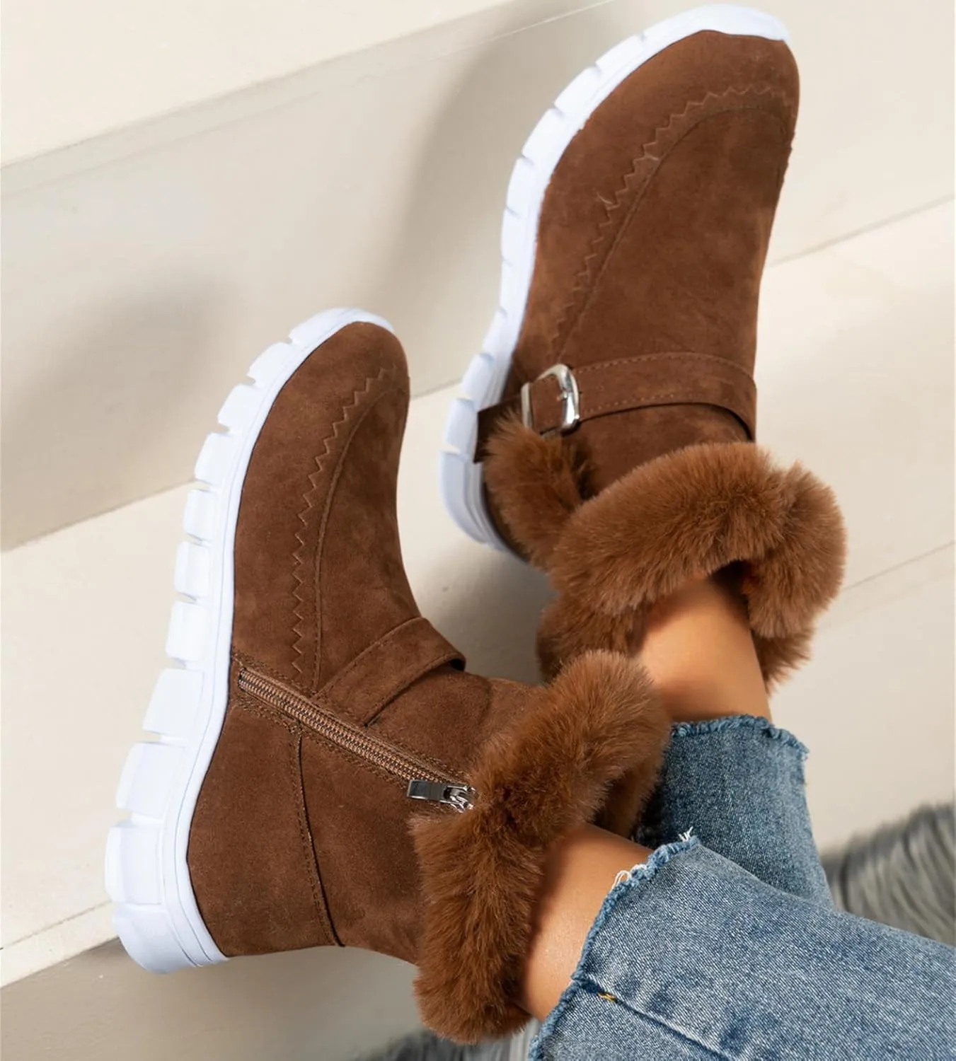 Ladmiple Booties For Women 2024 Snow Boots Winter Warm Fur Lined Anti-Slip Ankle Booties Outdoor Slip On Warm Loafers Shoes