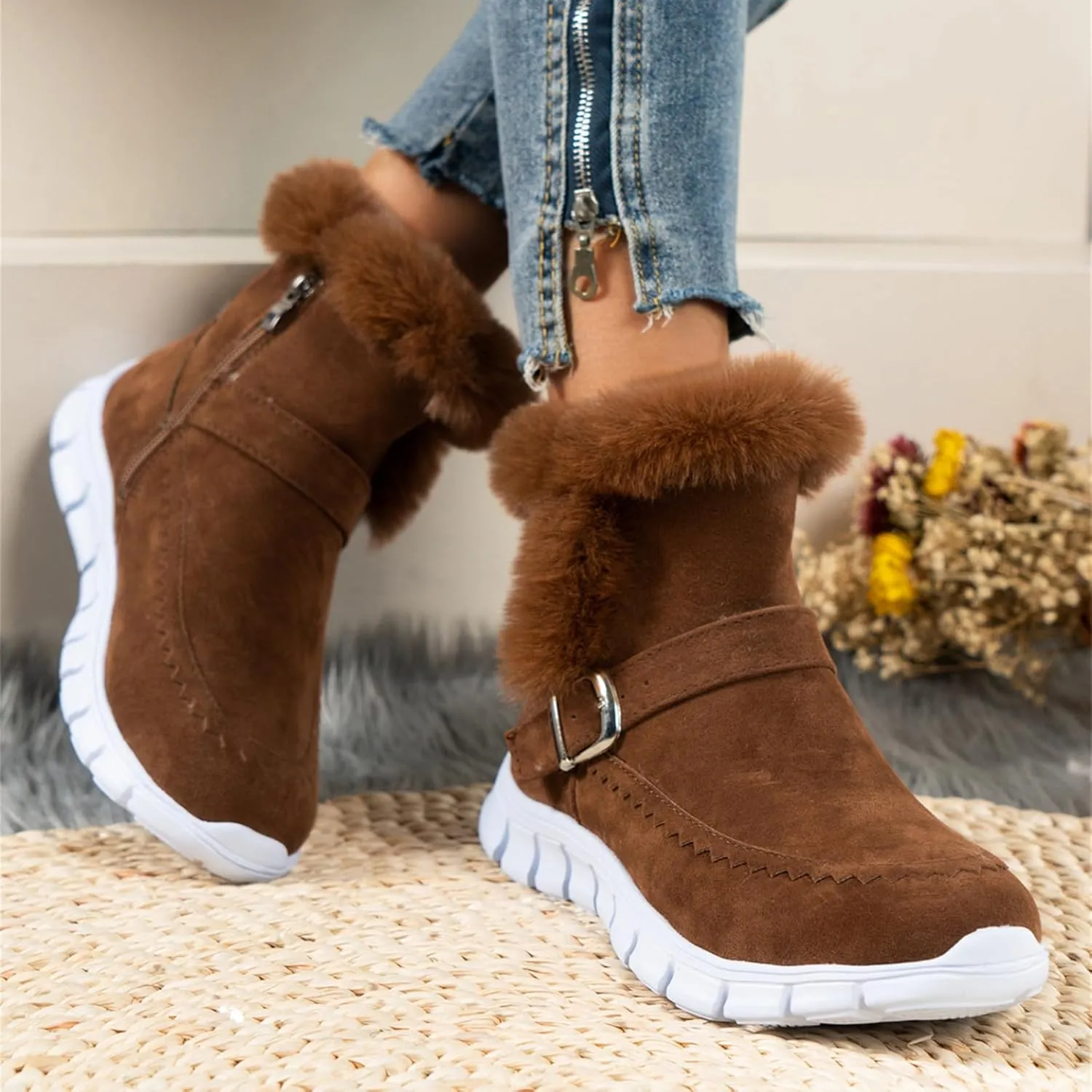 Ladmiple Booties For Women 2024 Snow Boots Winter Warm Fur Lined Anti-Slip Ankle Booties Outdoor Slip On Warm Loafers Shoes
