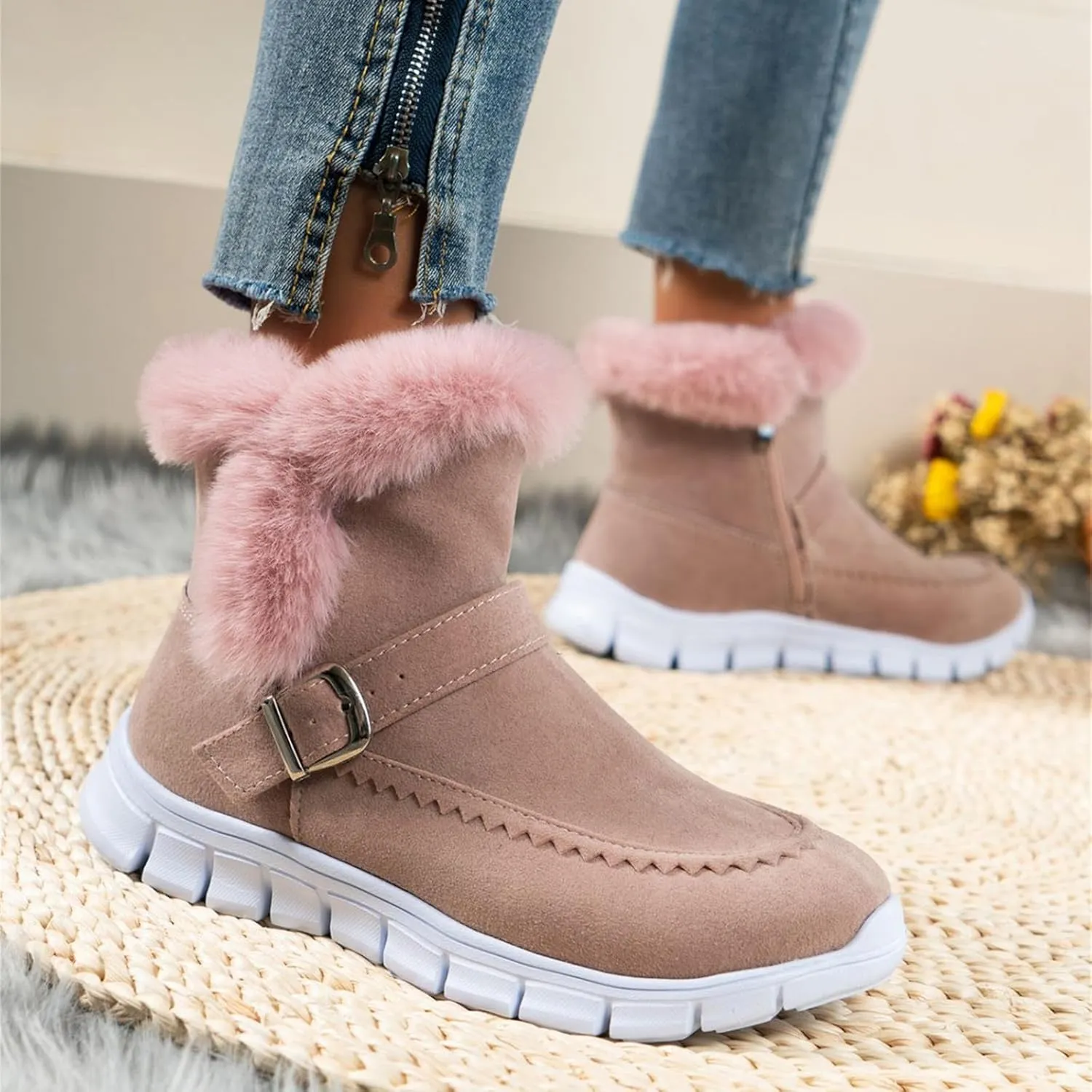 Ladmiple Snow Boots For Women Cute Wide Calf Warm Ankle Booties Comfortable Slip On Outdoor Fur Lined Walking Winter Shoes