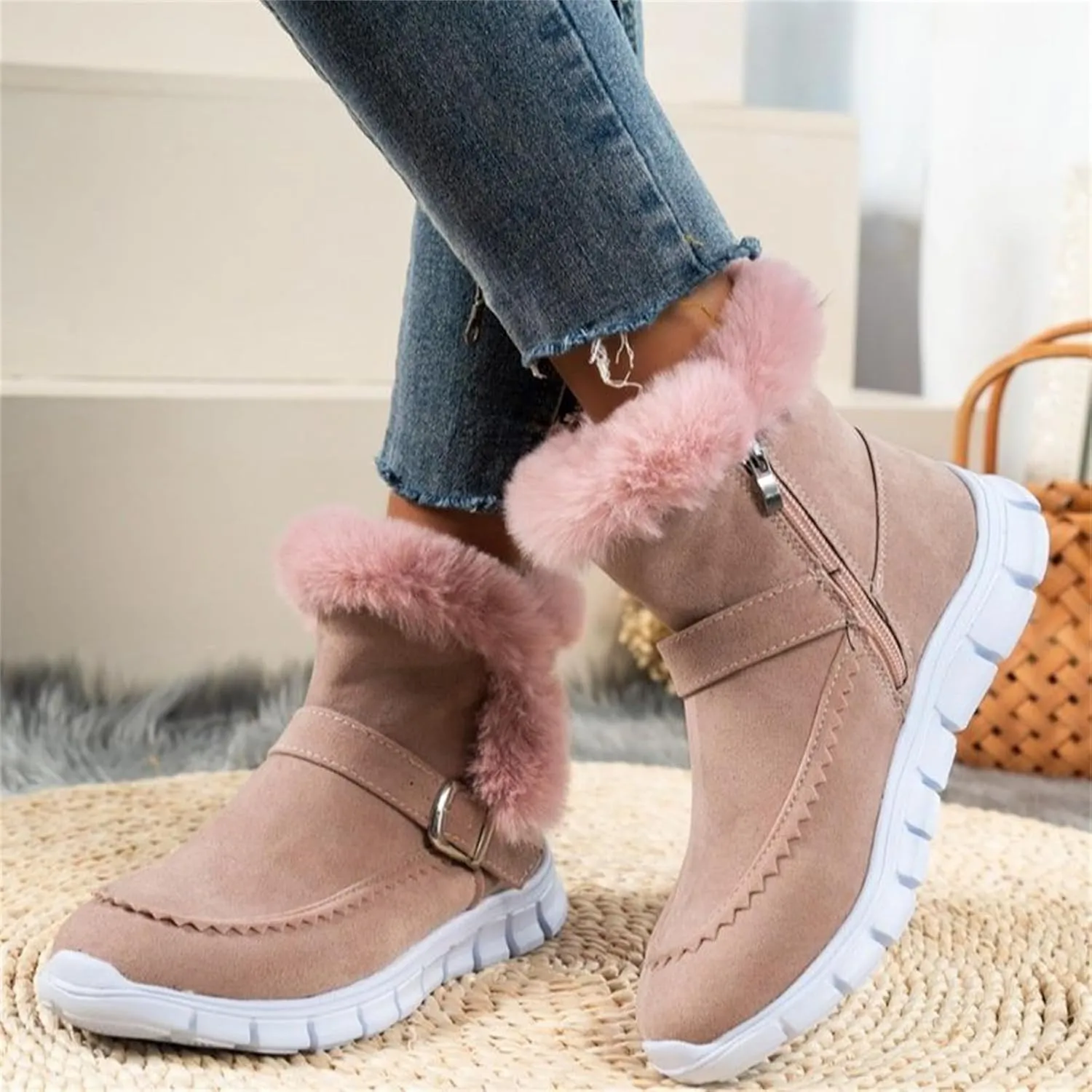 Ladmiple Snow Boots For Women Cute Wide Calf Warm Ankle Booties Comfortable Slip On Outdoor Fur Lined Walking Winter Shoes