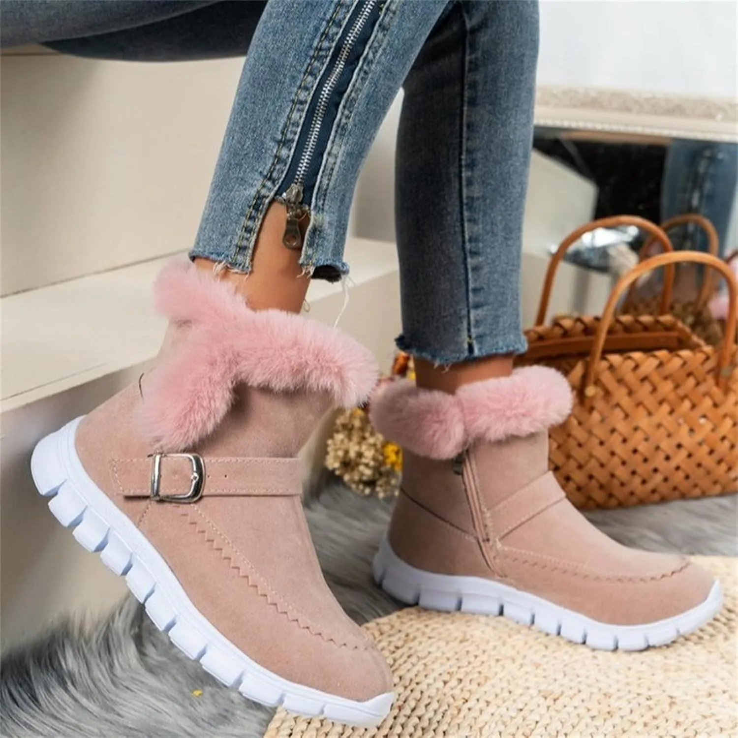 Ladmiple Snow Boots For Women Cute Wide Calf Warm Ankle Booties Comfortable Slip On Outdoor Fur Lined Walking Winter Shoes