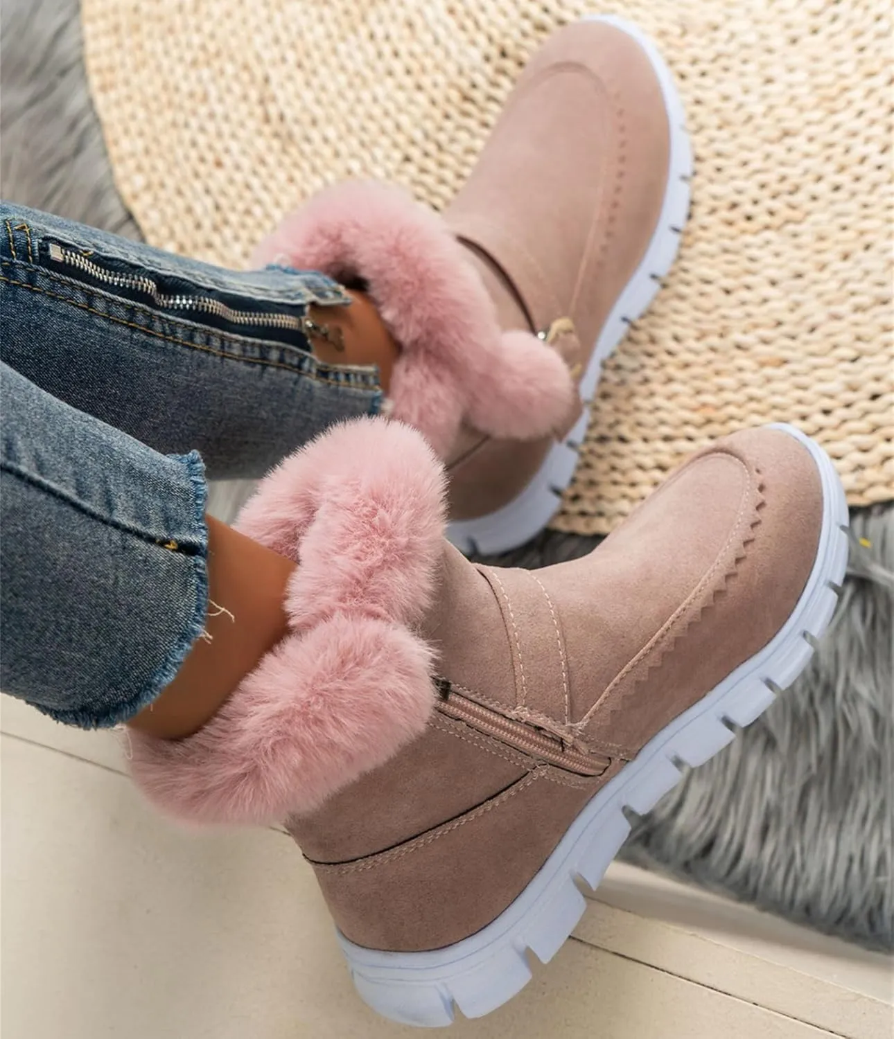Ladmiple Snow Boots For Women Cute Wide Calf Warm Ankle Booties Comfortable Slip On Outdoor Fur Lined Walking Winter Shoes