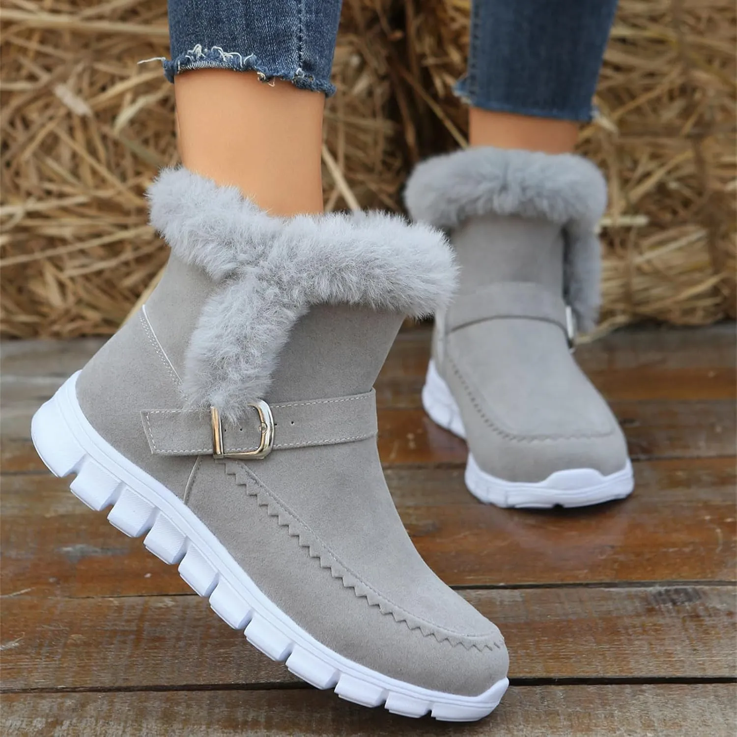 Ladmiple Snow Boots For Women Cute Wide Calf Winter Ankle Booties Slip on Warm Comfortable Outdoor Fur Lined Walking Shoes