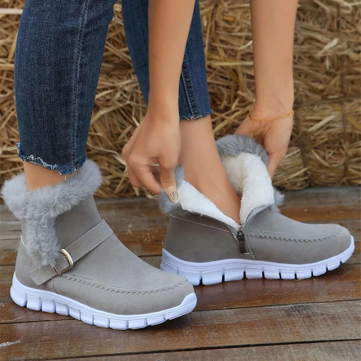 Ladmiple Snow Boots For Women Cute Wide Calf Winter Ankle Booties Slip on Warm Comfortable Outdoor Fur Lined Walking Shoes