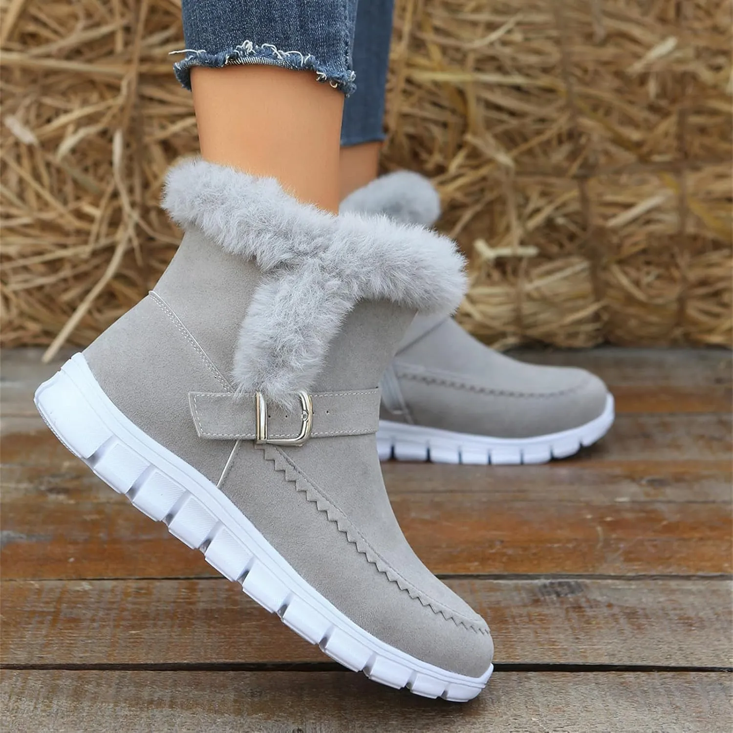 Ladmiple Snow Boots For Women Cute Wide Calf Winter Ankle Booties Slip on Warm Comfortable Outdoor Fur Lined Walking Shoes