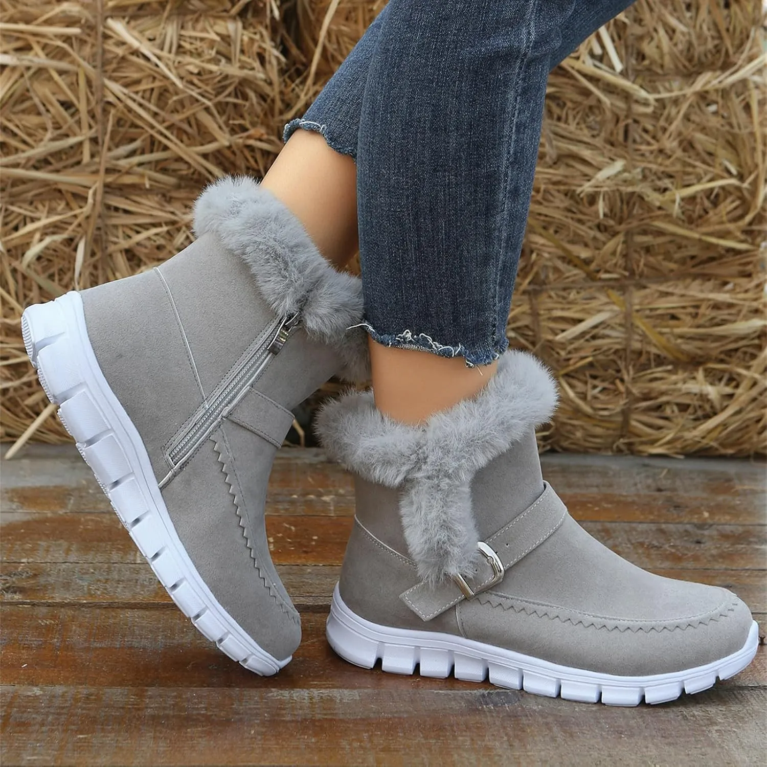 Ladmiple Snow Boots For Women Cute Wide Calf Winter Ankle Booties Slip on Warm Comfortable Outdoor Fur Lined Walking Shoes