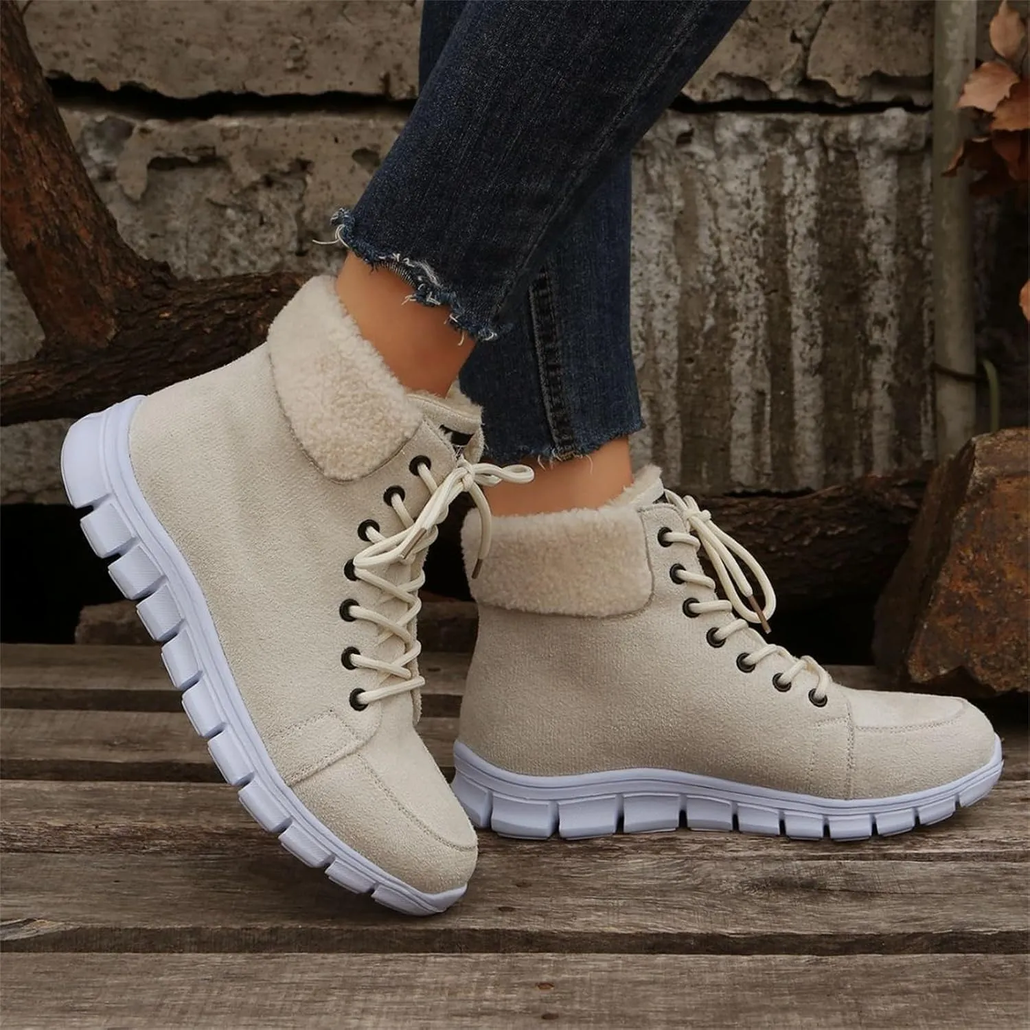 Ladmiple Snow Boots For Women Wide Faux Fur Lined Winter Ankle Booties Slip on Cold Weather Warm Outdoor Walking Shoes