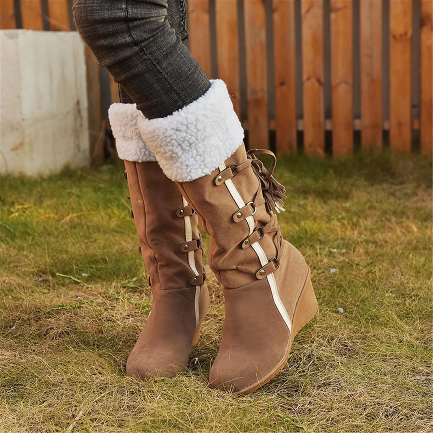 Ladmiple Winter Boots For Women Tall Mid Calf Warm Snow Boots Fashion Fur Lined Thickening Outdoor Comfort Walking Shoes