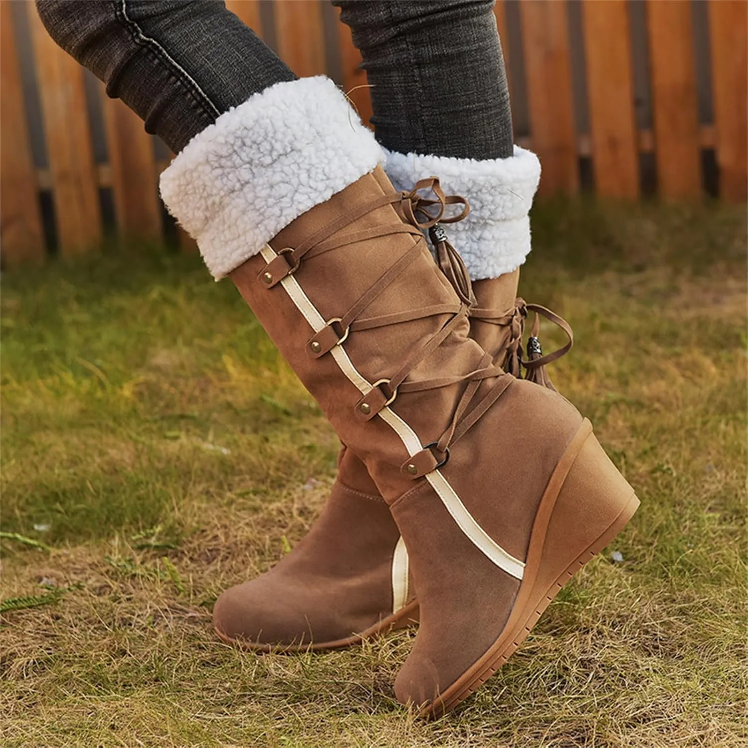 Ladmiple Winter Boots For Women Tall Mid Calf Warm Snow Boots Fashion Fur Lined Thickening Outdoor Comfort Walking Shoes