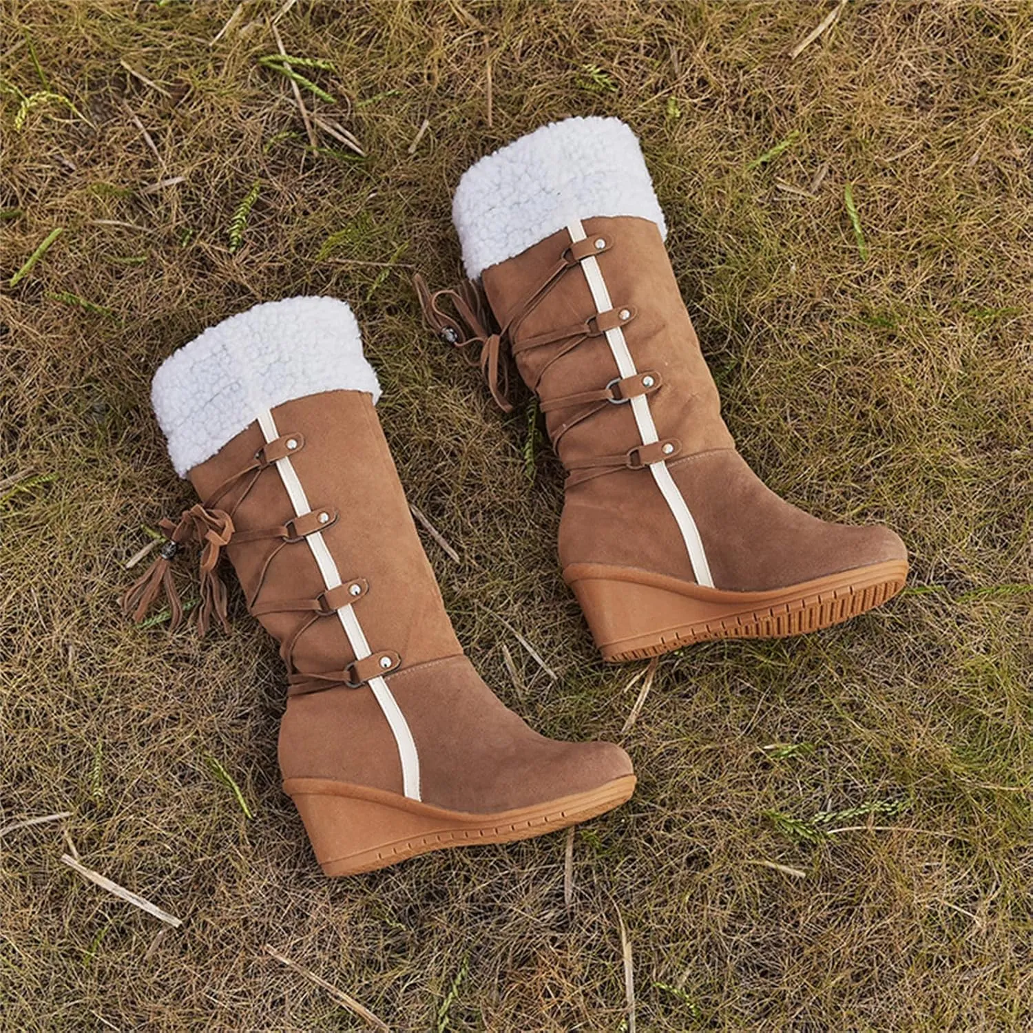 Ladmiple Winter Boots For Women Tall Mid Calf Warm Snow Boots Fashion Fur Lined Thickening Outdoor Comfort Walking Shoes