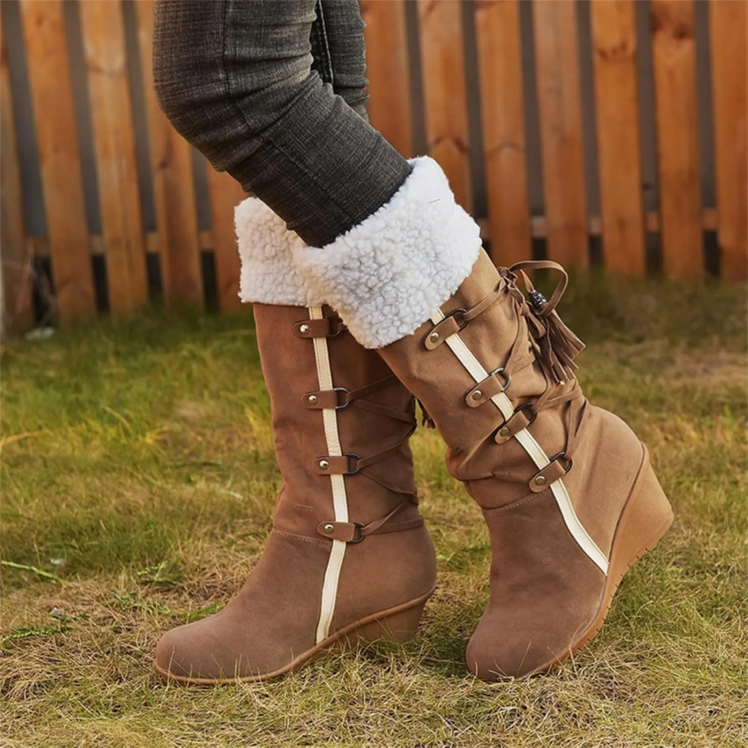 Ladmiple Winter Boots For Women Tall Mid Calf Warm Snow Boots Fashion Fur Lined Thickening Outdoor Comfort Walking Shoes