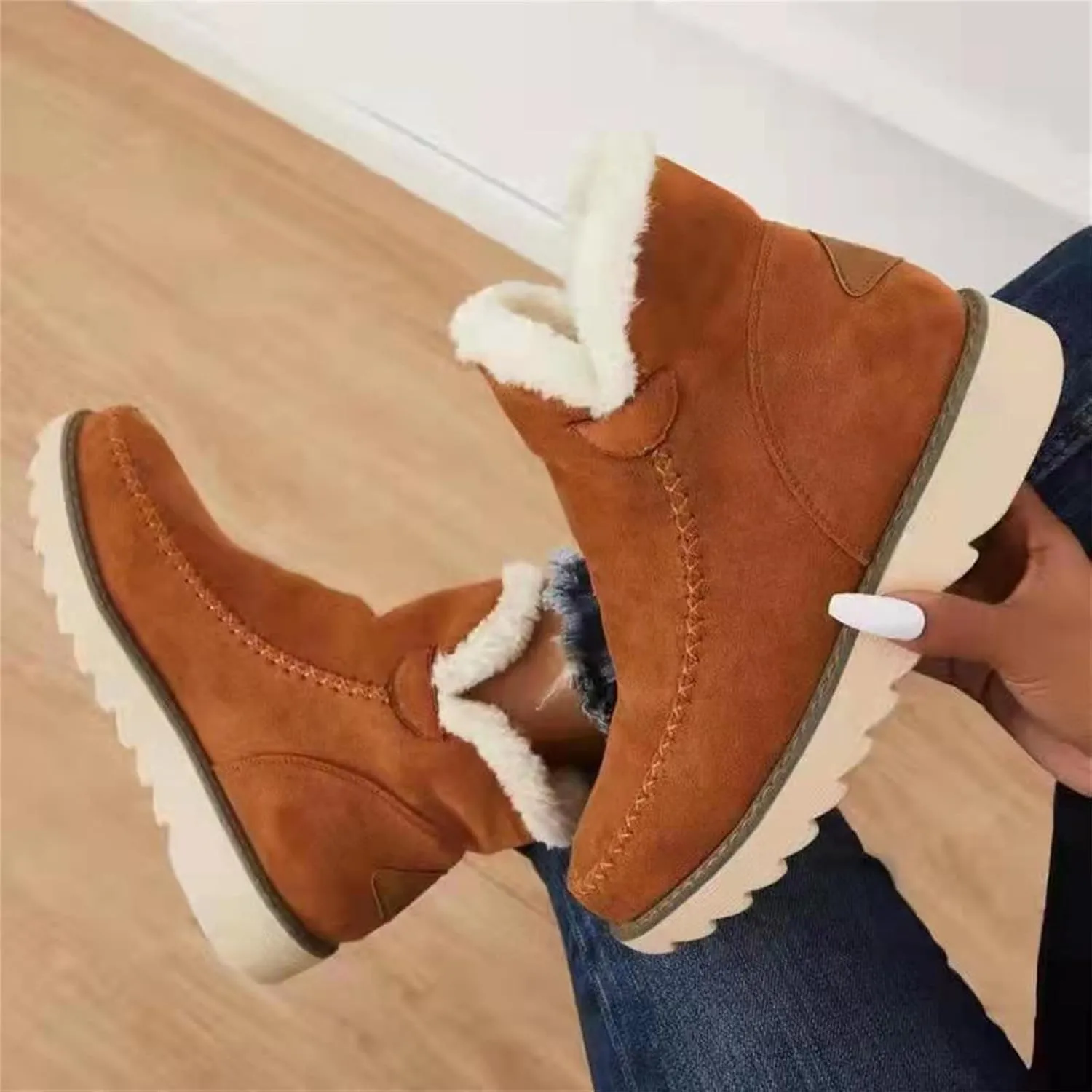 Ladmiple Winter Fashion Boots For Women 2024 Slip On Warm Snow Ankle Booties Fur Lined Outdoor Comfortable Loafers Shoes
