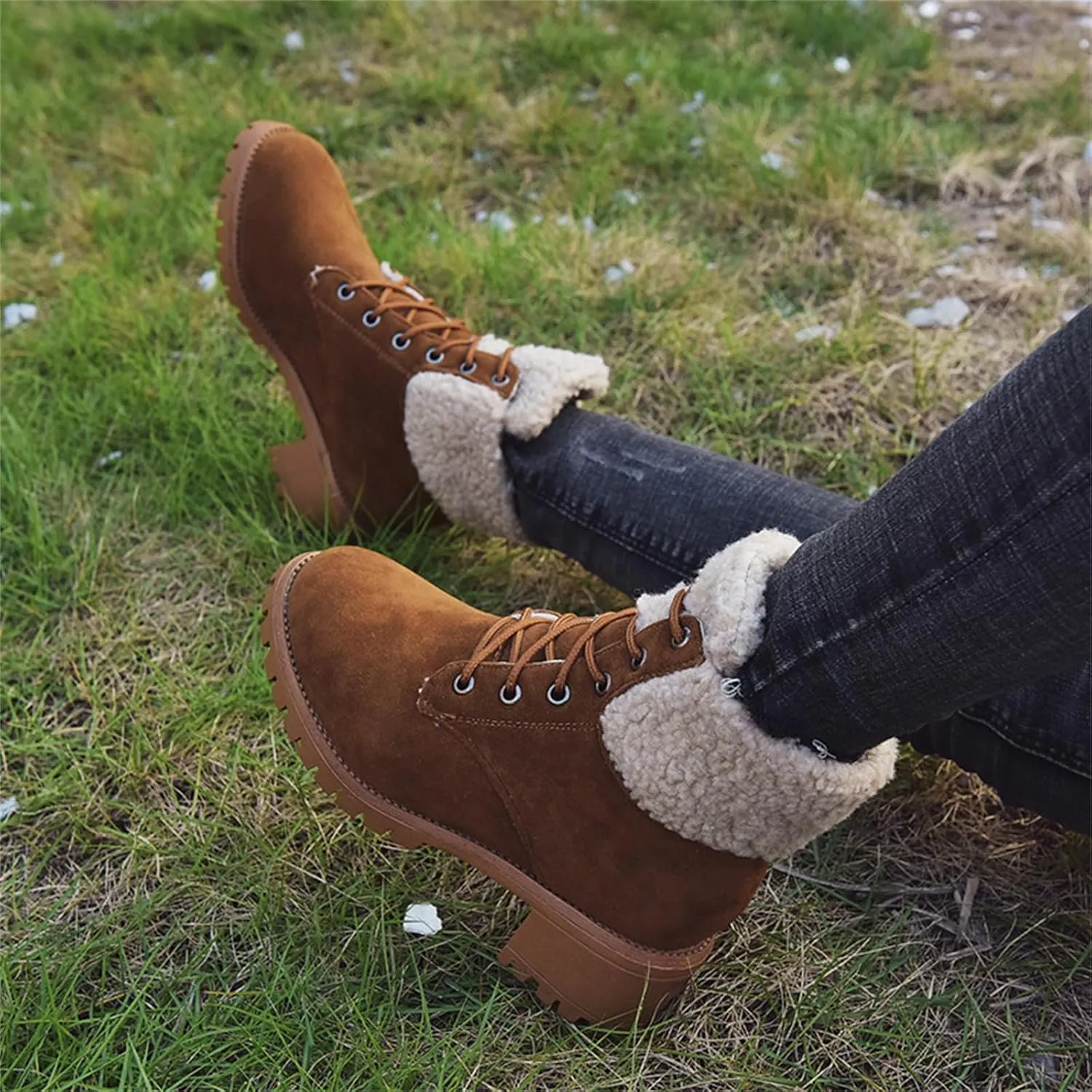 Ladmiple Womens Snow Boots Warm Fur Lined Winter Outdoor Short Ankle Booties Lace Up Comfortable Fashion Combat Boots
