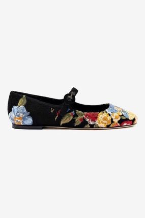 Larroud?? x Markarian Flat In Black Wool and Floral Embroidery Timeless Comfort Elegant Cushion