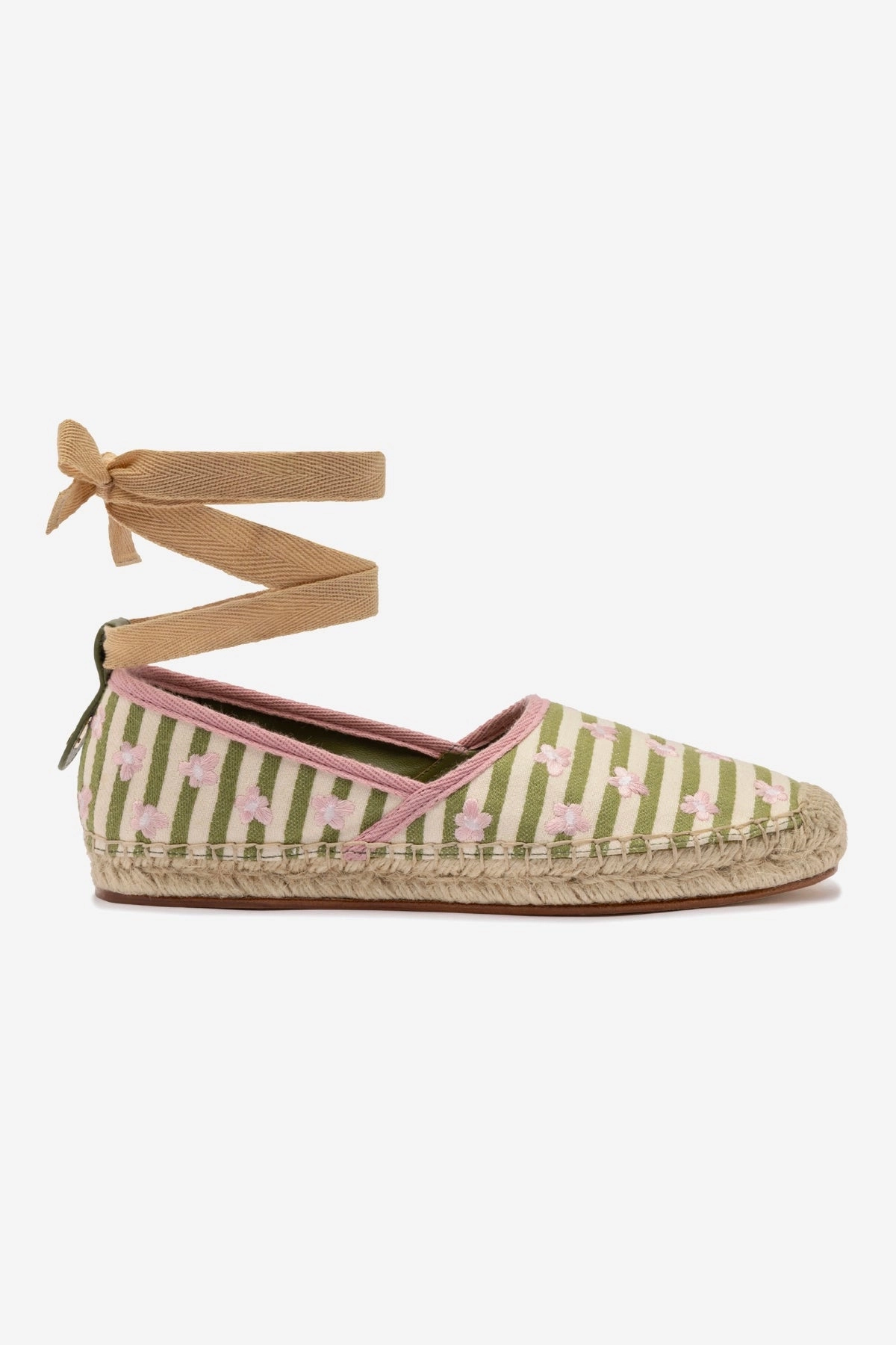 Letizia Espadrille Flat In Seaweed and Natural Striped Fabric and Daisy Embroidery City Stride Shoes Elastic Gusset