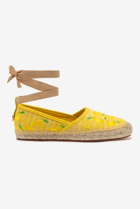 Letizia Espadrille Flat In Sunrise Striped Fabric and Sicilian Lemon Embroidery Mesh Layer