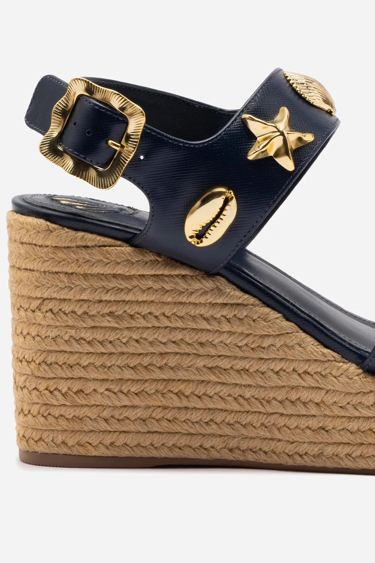 Madison Hi Espadrille In Navy Saffiano Low Profile Design Reinforced Heel Support Comfortable Open-toe Shoes