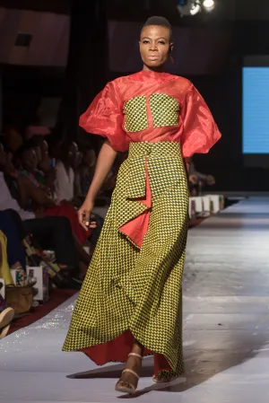 MAGI Chiffon Puff Sleeved Blouse and Yellow Chess Full Length Stair Skirt