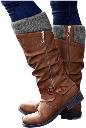 Masbird Boots for Women Wide Calf Round Toe Leather Shoes Slip-On Low Heel Platform Boots Retro Knee High Boots Cowboy Boots