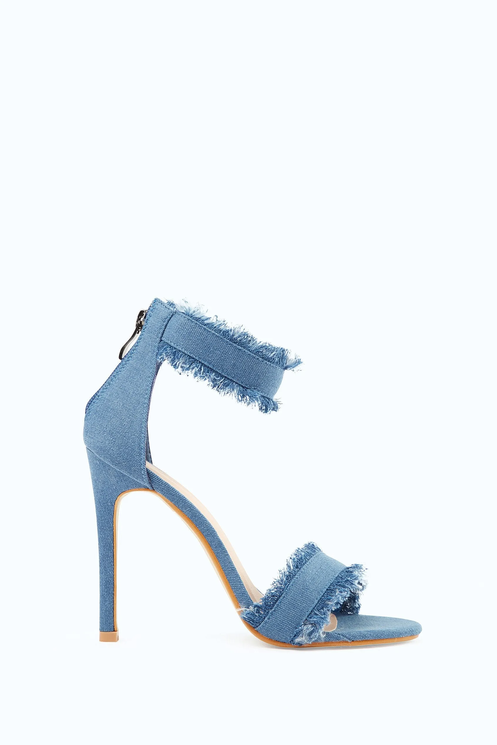 Medium Blue Frayed Denim Strappy Heeled Sandals