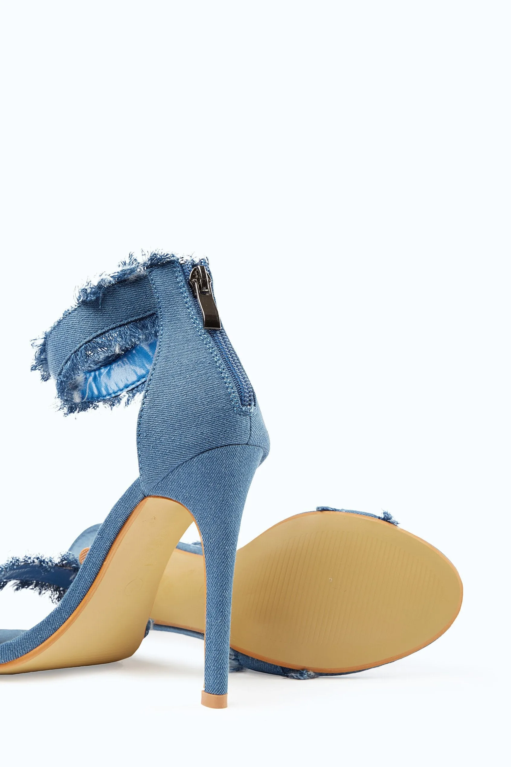 Medium Blue Frayed Denim Strappy Heeled Sandals
