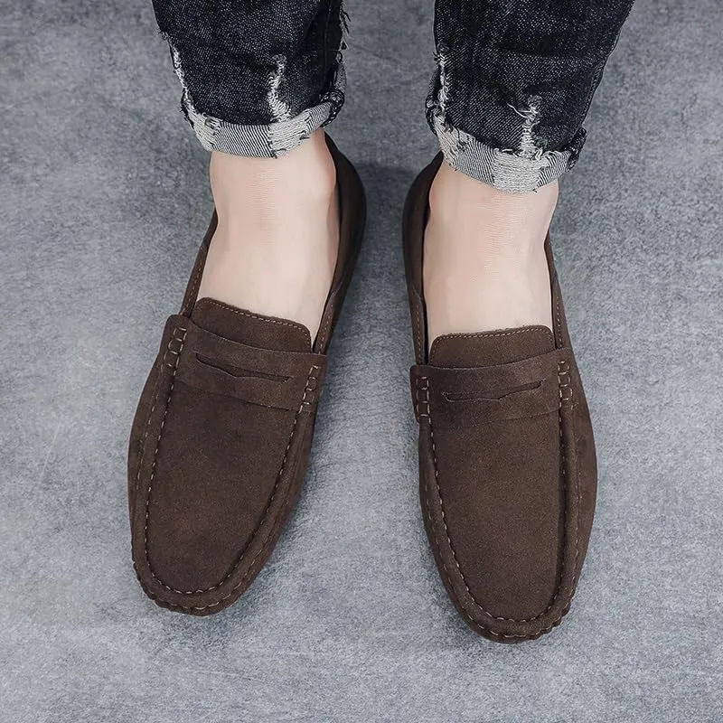 Men Vintage Loafers Shoes Suede Vamp Business Round Toe Prom Wedding Non Slip Low Top Block Heel Anti-Slip Casual Shoe Slip On