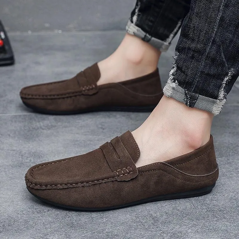 Men Vintage Loafers Shoes Suede Vamp Business Round Toe Prom Wedding Non Slip Low Top Block Heel Anti-Slip Casual Shoe Slip On
