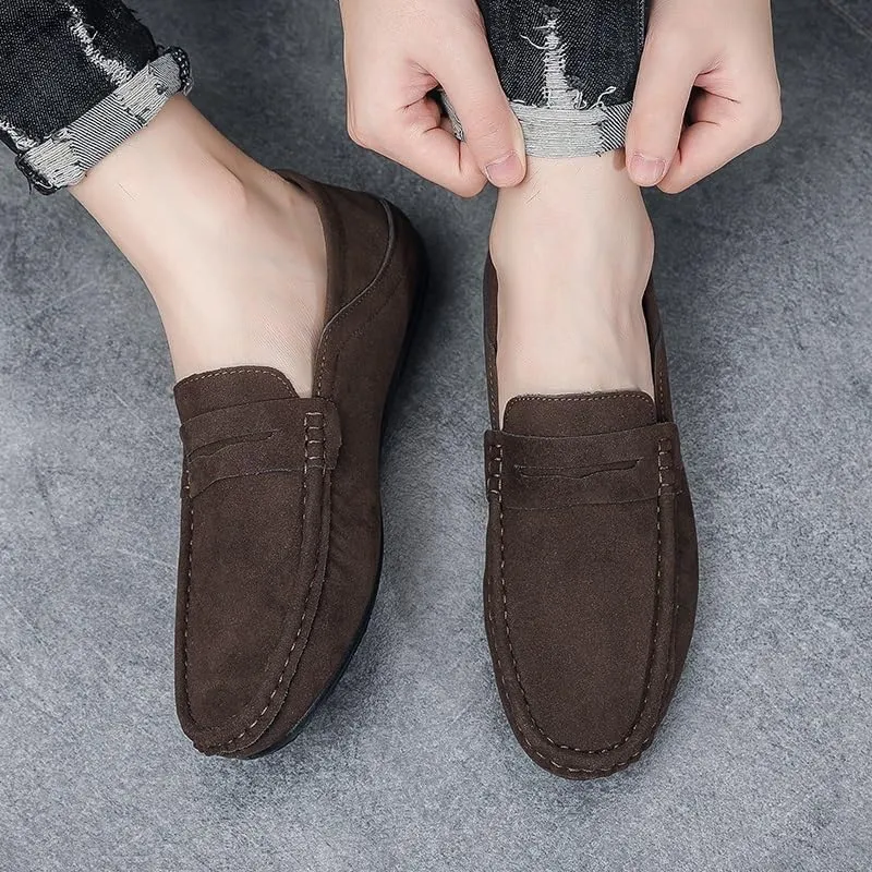 Men Vintage Loafers Shoes Suede Vamp Business Round Toe Prom Wedding Non Slip Low Top Block Heel Anti-Slip Casual Shoe Slip On