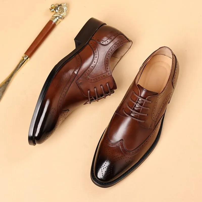 Mens Genuine Leather Dress Shoes Fashion Pointed Toe Low Block Heel Business Work Office Formal Shoes LAT Penny Oxford for Dating Business Party