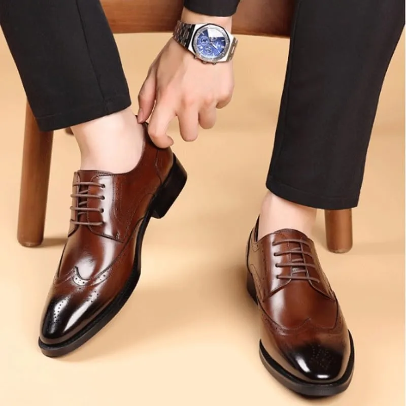 Mens Genuine Leather Dress Shoes Fashion Pointed Toe Low Block Heel Business Work Office Formal Shoes LAT Penny Oxford for Dating Business Party