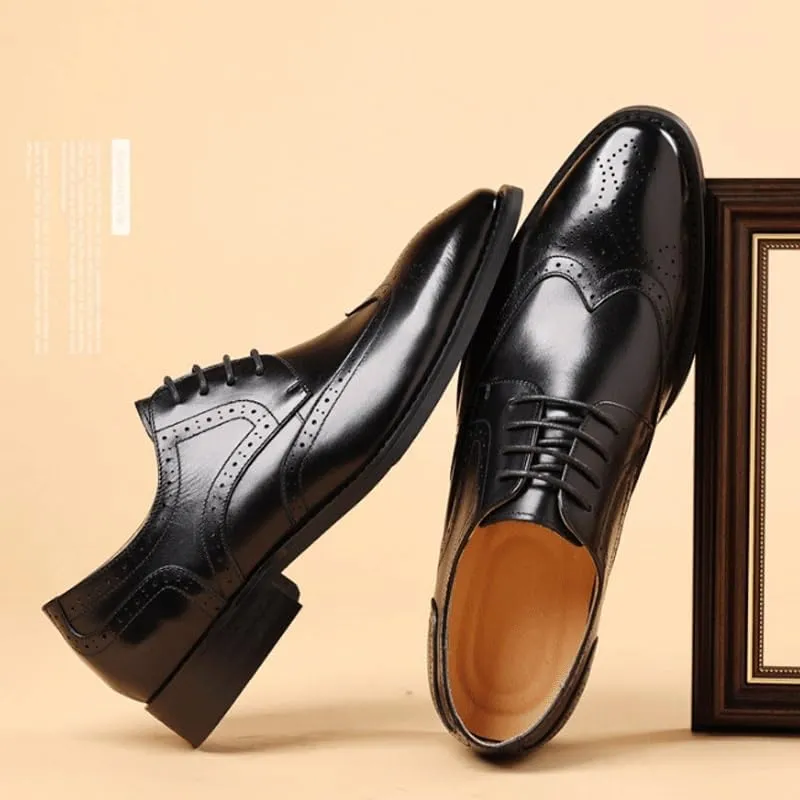 Mens Genuine Leather Dress Shoes Fashion Pointed Toe Low Block Heel Business Work Office Formal Shoes LAT Penny Oxford for Dating Business Party