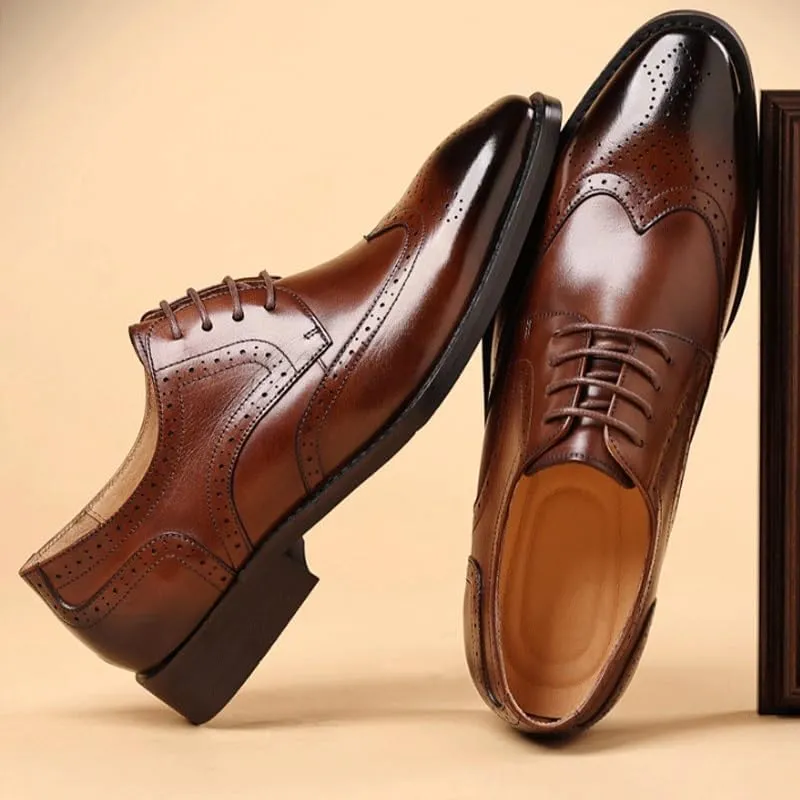 Mens Genuine Leather Dress Shoes Fashion Pointed Toe Low Block Heel Business Work Office Formal Shoes LAT Penny Oxford for Dating Business Party