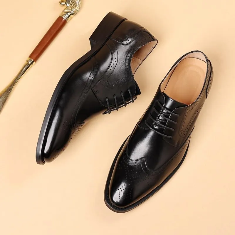 Mens Genuine Leather Dress Shoes Fashion Pointed Toe Low Block Heel Business Work Office Formal Shoes LAT Penny Oxford for Dating Business Party