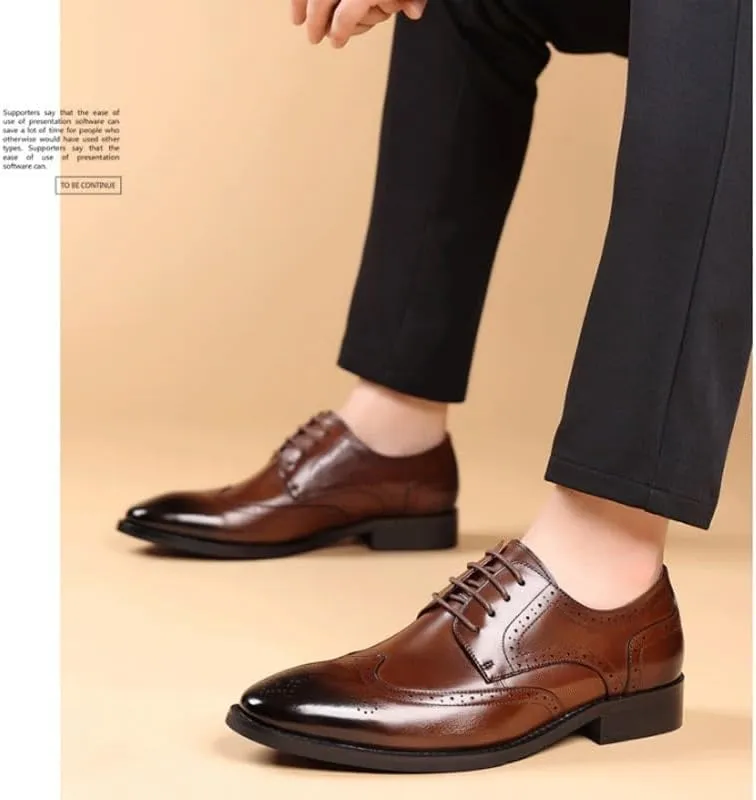 Mens Genuine Leather Dress Shoes Fashion Pointed Toe Low Block Heel Business Work Office Formal Shoes LAT Penny Oxford for Dating Business Party