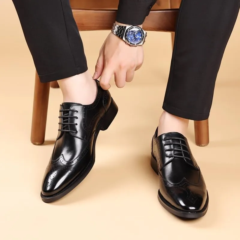 Mens Genuine Leather Dress Shoes Fashion Pointed Toe Low Block Heel Business Work Office Formal Shoes LAT Penny Oxford for Dating Business Party