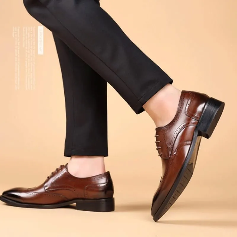 Mens Genuine Leather Dress Shoes Fashion Pointed Toe Low Block Heel Business Work Office Formal Shoes LAT Penny Oxford for Dating Business Party