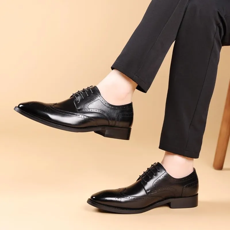Mens Genuine Leather Dress Shoes Fashion Pointed Toe Low Block Heel Business Work Office Formal Shoes LAT Penny Oxford for Dating Business Party